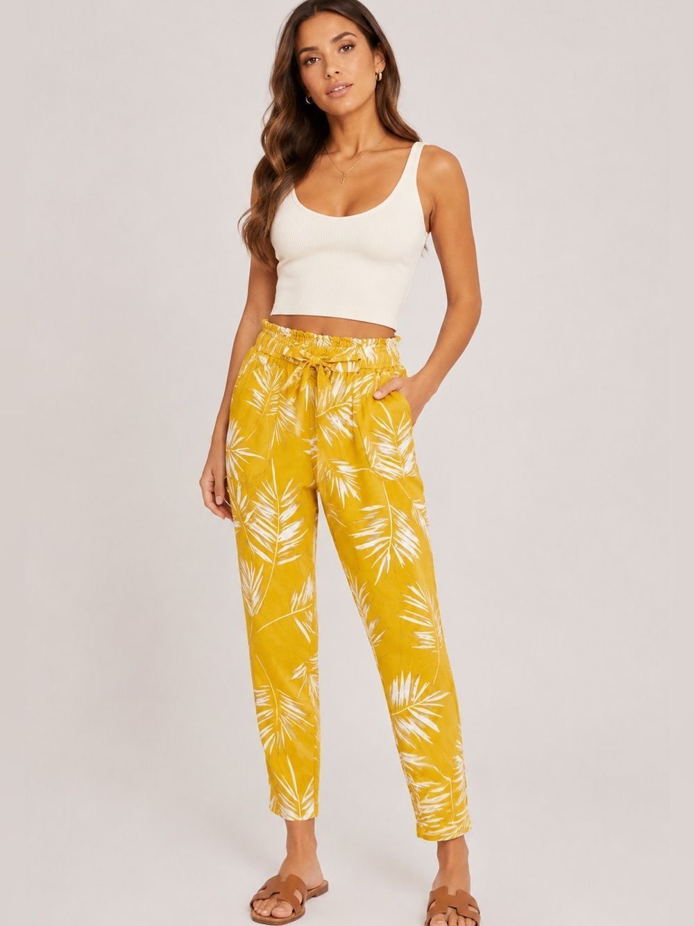 SOHO Apparel Yellow Palm Print Pants